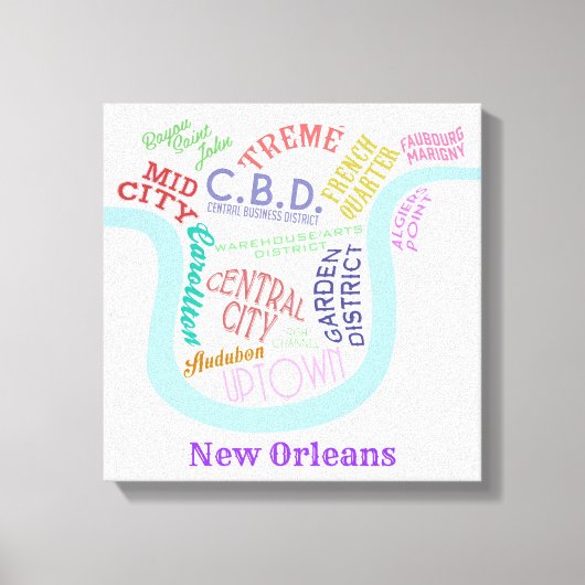 New Orleans Map Nola Nachbarschaften Word Typograf Leinwanddruck (Vorderseite)