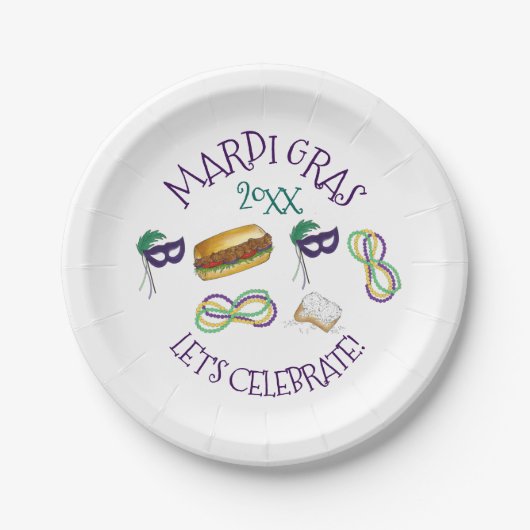 New Orleans Mardi Gras Beignet Beads Maske Po'Boy Pappteller (Vorderseite)