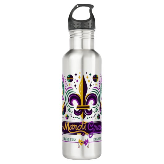 New Orleans Mardi Gras lila gelb grün Edelstahlflasche (Vorderseite)