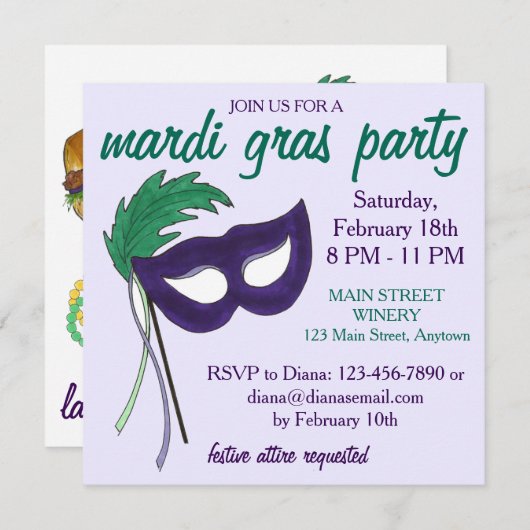 New Orleans Mardi Gras Masquerade Party Einladung (Vorne/Hinten)
