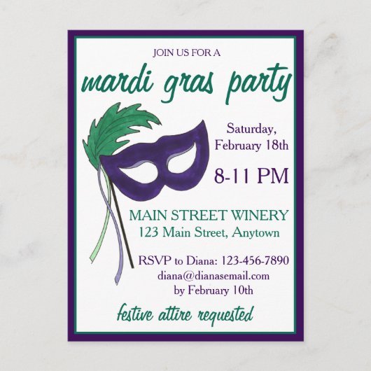 New Orleans Mardi Gras Masquerade Party Einladungspostkarte (Vorderseite)