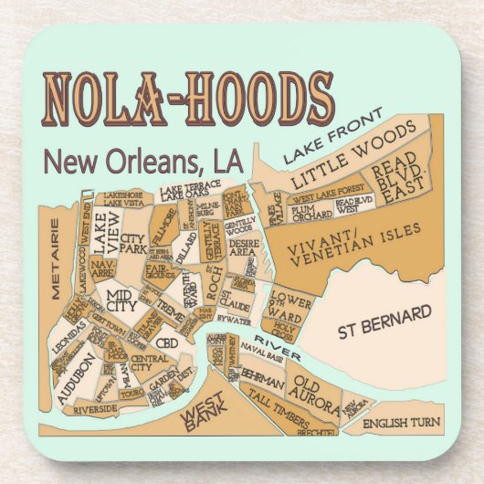 New Orleans Neighhoods Map, NOLA_HOODS Getränkeuntersetzer (Vorderseite)