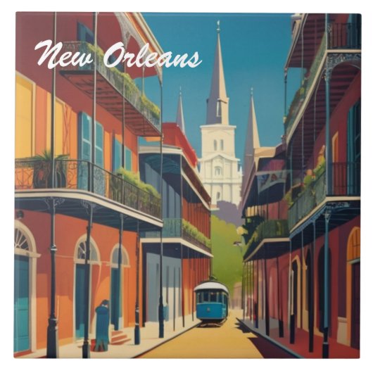New Orleans Straße & St Louis Kathedrale Farbige Fliese (Vorderseite)