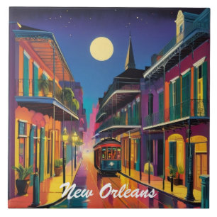 New Orleans Straße & Straßenbahn bei Nacht Fliese