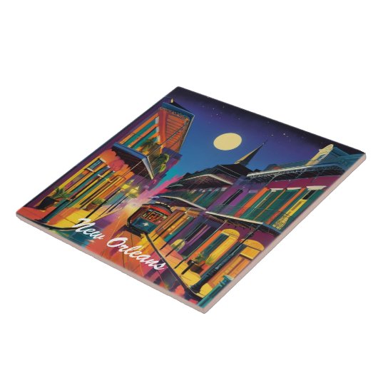 New Orleans Street & Streetcar by Night Fliese (Seite)