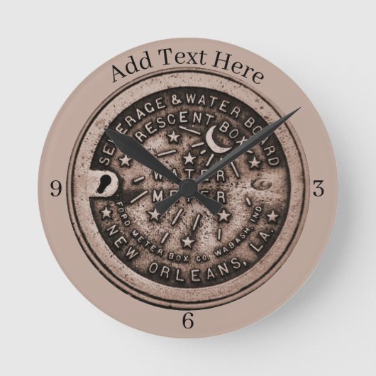New Orleans Wasserzähler Uhr, Text hinzufügen Runde Wanduhr (Vorderseite)