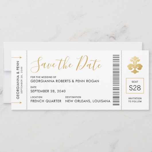 New Orleans Wedding Lilie Boarding Pass Save The Date (Vorderseite)