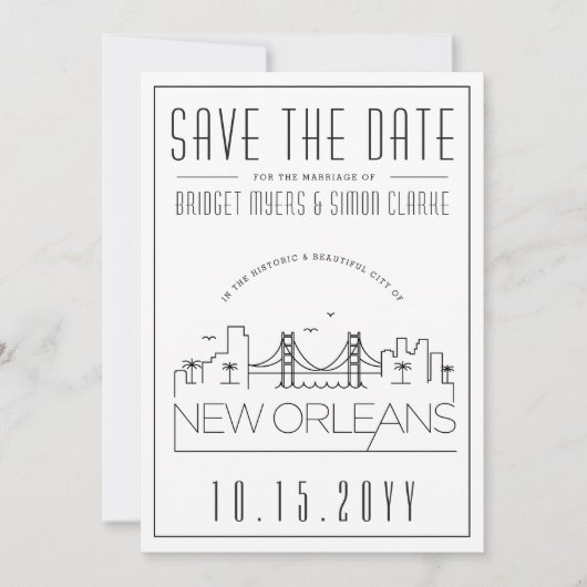 New Orleans Wedding Stylized Skyline Save the Date Einladung (Vorderseite)