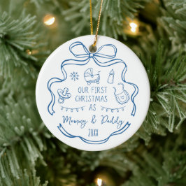 New Parents First Christmas Whimsical Blue Doodles Keramik Ornament