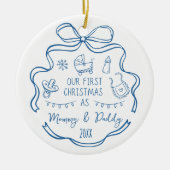 New Parents First Christmas Whimsical Blue Doodles Keramik Ornament (Vorne)