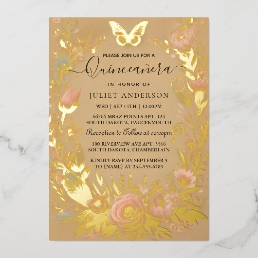 New Pastel Schriftart Dusty Glam Rose Gold Quincea Folieneinladung (Vorderseite)