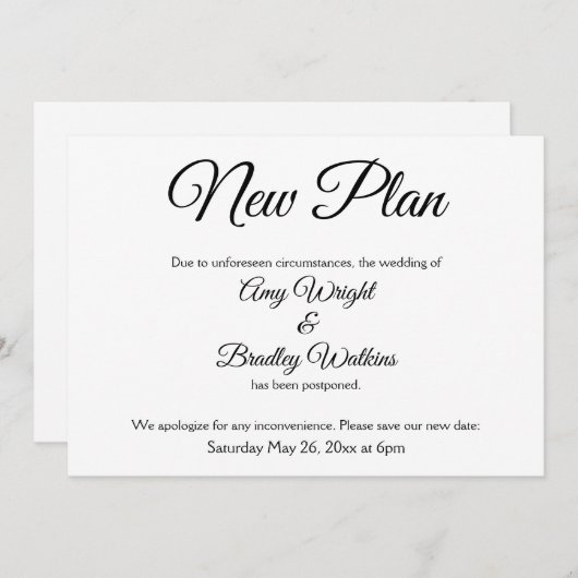 "New Plan" Elegante Hinausgezögerte Hochzeitsankün Einladung (Vorne/Hinten)