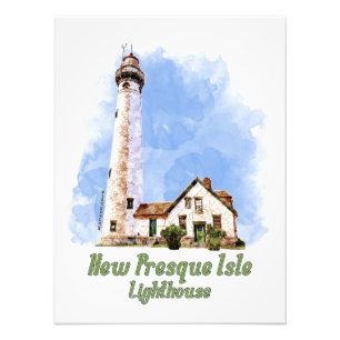 New Presque Isle Lighthouse Watercolor - Michigan Fotodruck