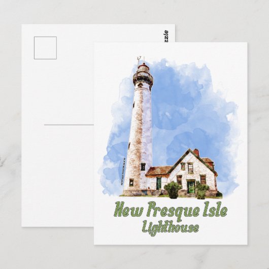 New Presque Isle Lighthouse Watercolor - Michigan Postkarte (Vorne/Hinten)