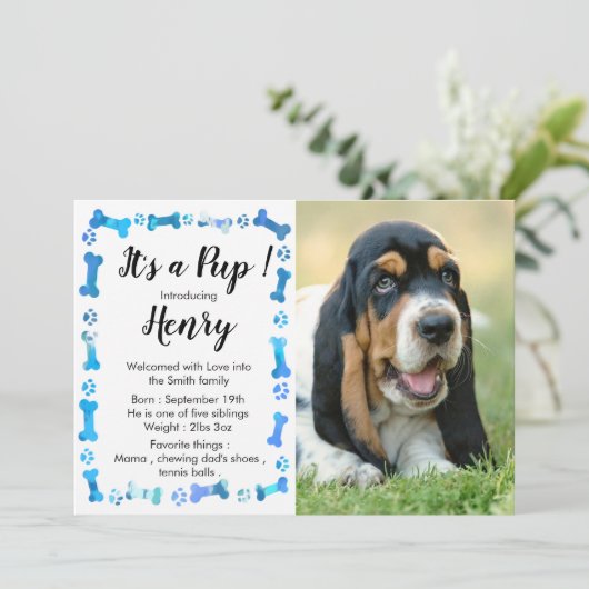 New Puppy - New Pet - Blue Boy Dog Birthday Puppy Ankündigung (Stehend Vorderseite)