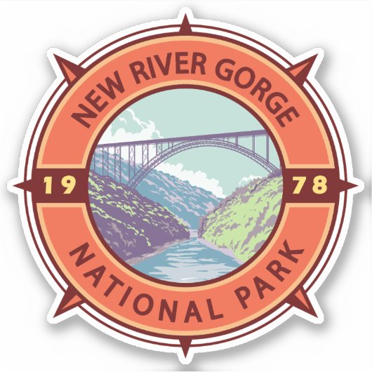 New River Gorge Nationalpark Retro Kompass Emblem Aufkleber (Vorderseite)