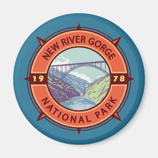 New River Gorge Nationalpark Retro Kompass Emblem Magnet (Vorne)