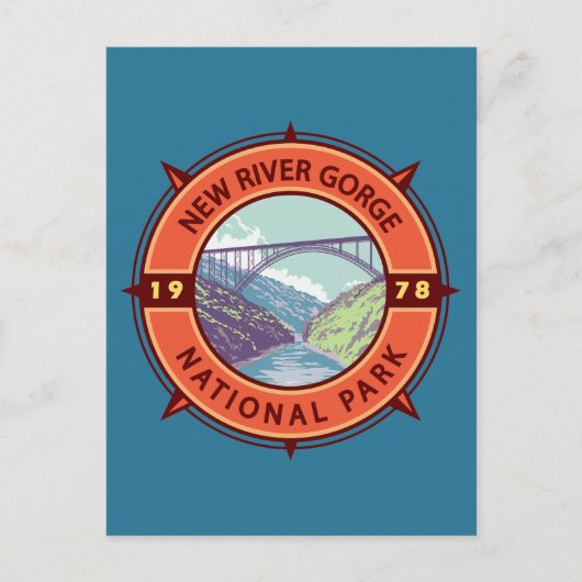 New River Gorge Nationalpark Retro Kompass Emblem Postkarte (Vorderseite)
