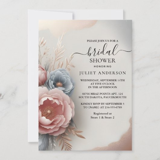 New Silk Pink Boho Peony Dusty Rose Brautparty Einladung (Vorderseite)