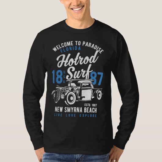 New Smyrna Beach Florida Retro Hotrod Surf Distres T-Shirt (Vorderseite)