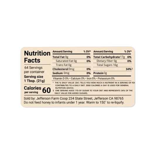 New Tabular Honey Nutrition Facts Antique White Adressaufkleber (Vorne)