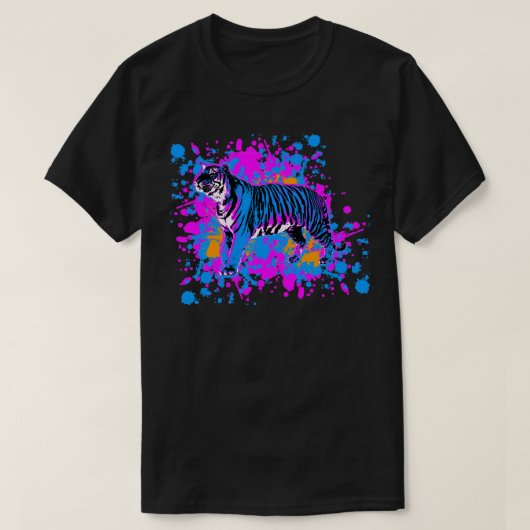 New Wave 80s Retro Blue Tiger Paint Splatter T-Shirt (Design vorne)