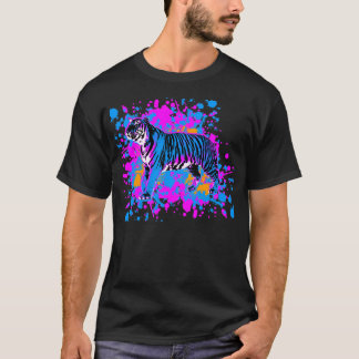 New Wave 80s Retro Blue Tiger Paint Splatter T-Shirt