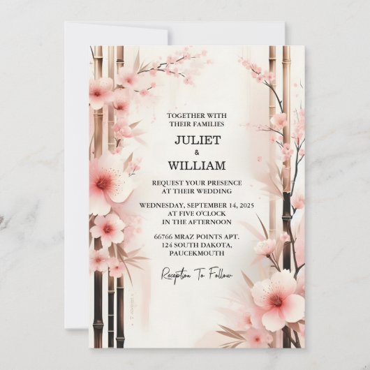 New Wood Bamboo Pink Sakura Cherry Blossom Hochzei Einladung (Vorderseite)