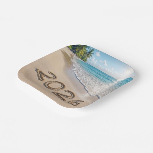 New Year 2026 Text On a Tropical Beach Pappteller (Gewinkelt)
