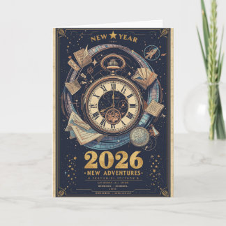 New Year 2026 Time Travel Vintage Greeting Karte