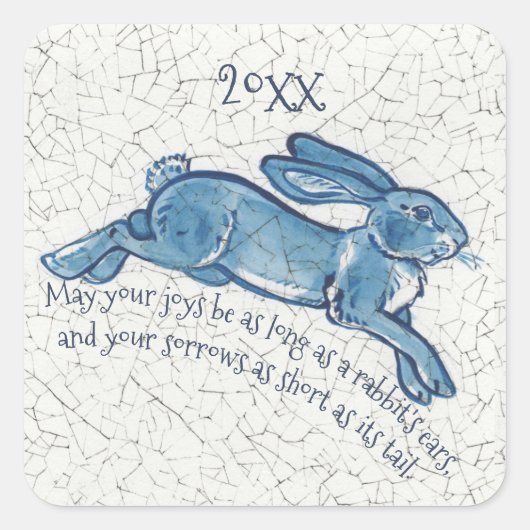 New Year Blue Bunny Rabbit Delft Dedham Datum Quadratischer Aufkleber (Vorderseite)