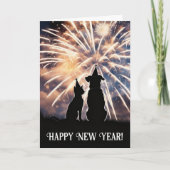 New Year Cat Dog Party Hats Fireworks Wishes Karte (Vorderseite)
