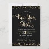 New Year Chee Black Gold Script Confetti Party Einladung (Vorderseite)