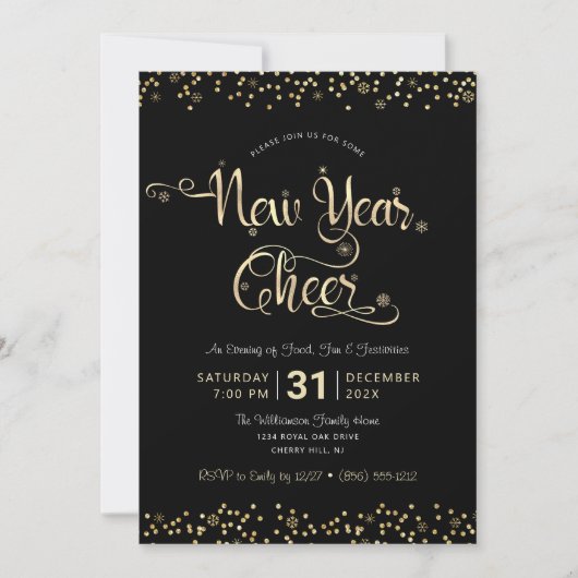New Year Chee Black Gold Script Confetti Party Einladung (Vorderseite)