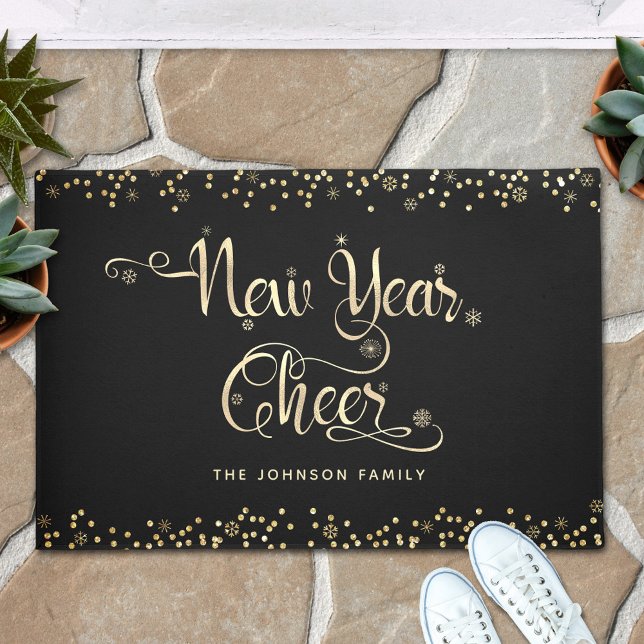 New Year Chee Black Gold Script Snowflake Glitzer Fußmatte (Von Creator hochgeladen)
