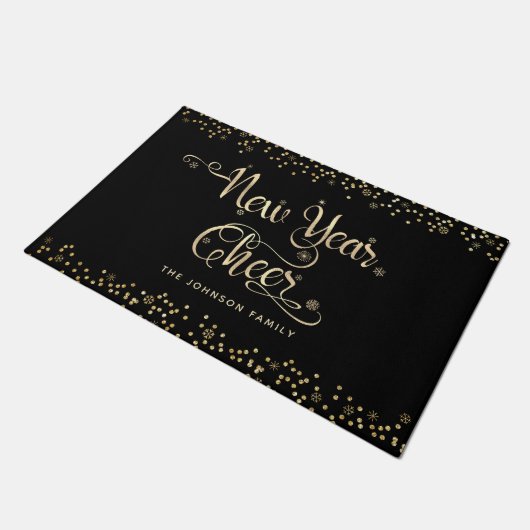 New Year Chee Black Gold Script Snowflake Glitzer Fußmatte (Schrägansicht)
