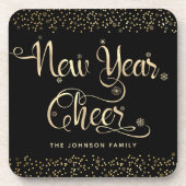 New Year Chee Black Gold Script Snowflake Glitzer Getränkeuntersetzer (Vorderseite)