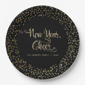 New Year Chee Black Gold Script Snowflake Glitzer Pappteller (Vorderseite)