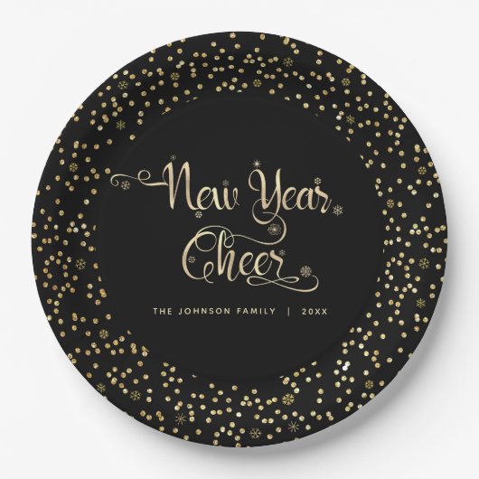 New Year Chee Black Gold Script Snowflake Glitzer Pappteller (Vorderseite)