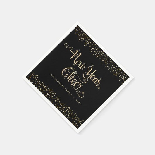 New Year Chee Black Gold Script Snowflake Glitzer Serviette (Ecke)