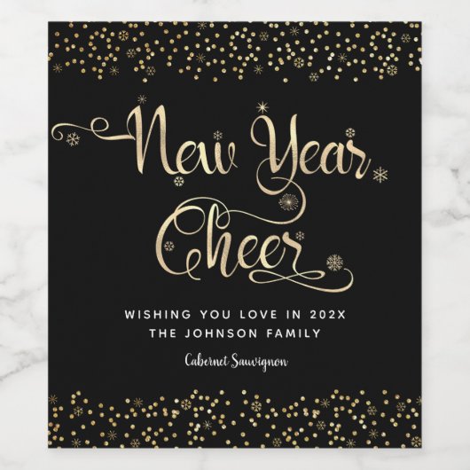 New Year Chee Black Gold Script Snowflake Glitzer Weinetikett (Einzelnes Label)