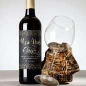 New Year Chee Black Gold Script Snowflake Glitzer Weinetikett