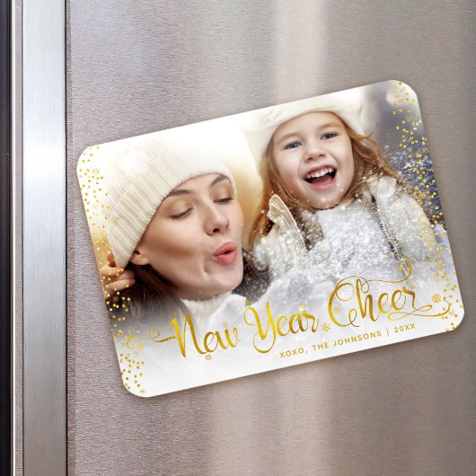 "New Year Chee" Gold Snowflakes Typografy Foto Magnet