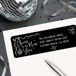 New Year Cheer Black White Hand Drawn Fun Address