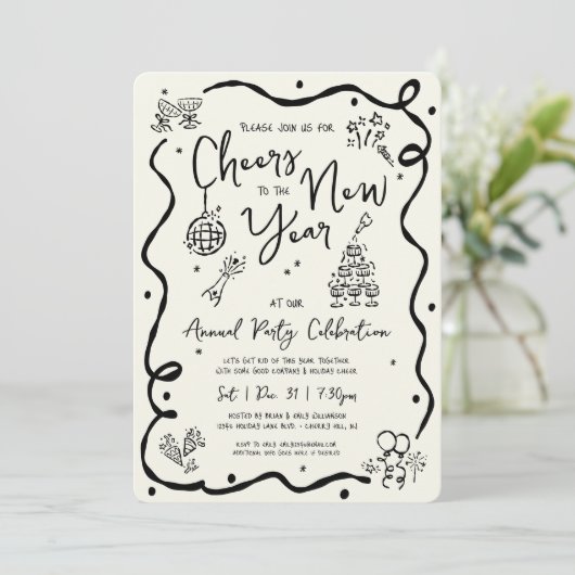 New Year Cheer Hand Drawn Doodle Cream Black Party Einladung (Stehend Vorderseite)
