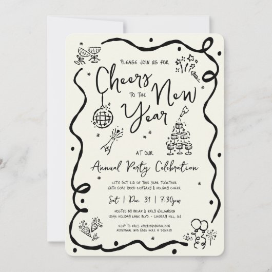 New Year Cheer Hand Drawn Doodle Cream Black Party Einladung (Vorderseite)