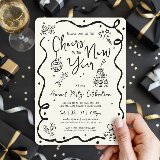 New Year Cheer Hand Drawn Doodle Cream Black Party Einladung