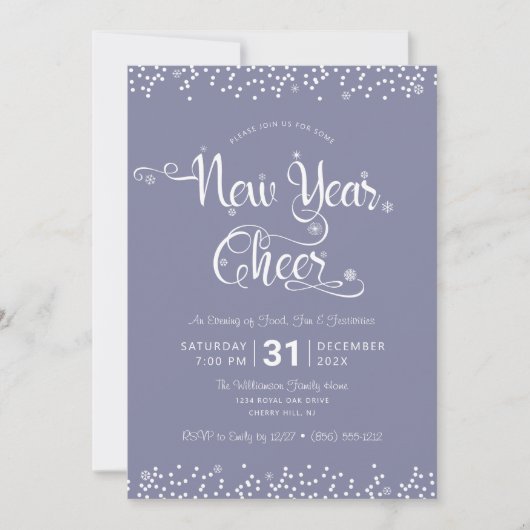 New Year Cheer Script Confetti Lila Gray Party Einladung (Vorderseite)