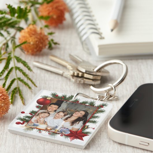 New year Frame with Red Star Photo Family 2026 Schlüsselanhänger (Vorderseite rechts)