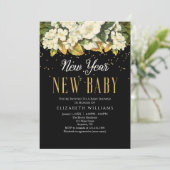 New Year New Baby Gold Black Floral Baby Dusche Einladung (Stehend Vorderseite)
